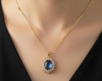 Gold Plated Sapphire Pendant, Princess Diana Pendant, Cubic Zirconia Necklace, Valentine's Day Gift