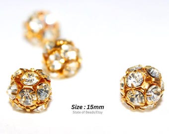 Vintage Swarovski Rhinestone Gold Balls, 15mm Gold Brass Beads, Bling Rhinestone Spacers - High Quality Sparkling Gold Ball Beads