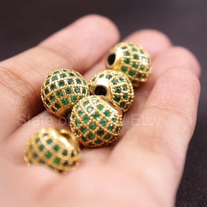 Round Ball Beads 18K Gold Emerald Green 10mm CZ Micro Pave Beads, Shamballa Ball Beads, Cubic Zirconia Pave Beads, 2/4/10/20/50/100 pieces