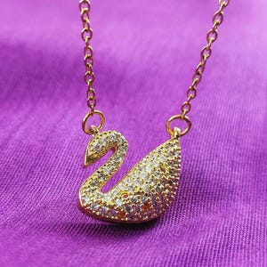 CZ Pave Gold Swan Pendant Necklace, Dainty Animal Jewelry Gift for Her, Adjustable Chain, Gold Bird Necklace, Minimalist Charm