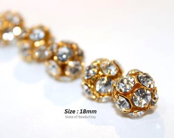 Swarovski Rhinestone Gold Balls, 18mm Bling Rhinestone Spacers, Gold Brass Beads, High Quality Fire Ball Beads, Vintage