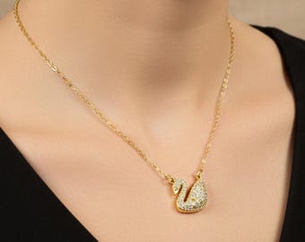 Collier pendentif cygne en or pavé de la ZC, bijoux animaux délicats, collier oiseau en or, breloque minimaliste