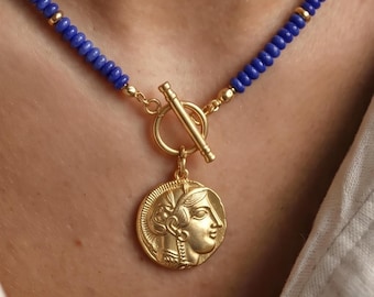 Athena Owl Coin Necklace, Natural Lapis Lazuli Beaded Necklace, Ancient Greek Coin Pendant, Gold Toggle Necklace
