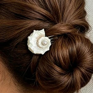 Peut inclure: Un peigne à cheveux orné d'un coquillage blanc en spirale, agrémenté d'une petite perle blanche ronde en son centre. Le coquillage présente une surface texturée et nervurée, fixée sur une base métallique insérée dans un chignon brun.