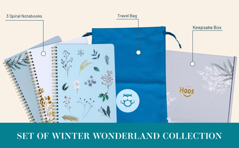 Säsongspresentkort - 3 spiralanteckningsböcker med minnesask och reseväska | Vinter, vår, sommar, höst | Botaniska omslag i guldfolie Winter Wonderland