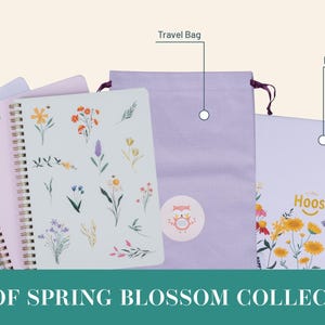 Säsongspresentkort - 3 spiralanteckningsböcker med minnesask och reseväska | Vinter, vår, sommar, höst | Botaniska omslag i guldfolie Spring Blossom