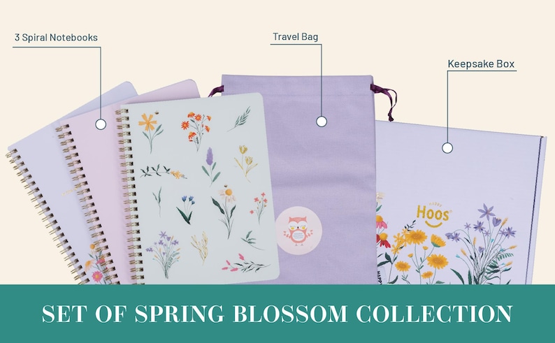 Säsongspresentkort - 3 spiralanteckningsböcker med minnesask och reseväska | Vinter, vår, sommar, höst | Botaniska omslag i guldfolie Spring Blossom