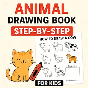 Puede incluir: Un gato naranja de dibujos animados está sentado junto a un crayón rojo y un libro de dibujo titulado "ANIMAL DRAWING BOOK STEP-BY-STEP". El libro muestra instrucciones paso a paso sobre cómo dibujar una vaca. El texto "FOR KIDS" está en la parte inferior.