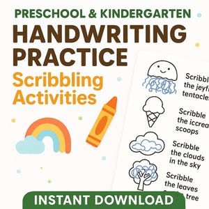 Könnte beinhalten: Ein Schreibübungsblatt für Vorschulkinder und Kindergartenkinder. Das Blatt enthält den Text "Preschool & Kindergarten Handwriting Practice Scribbling Activities" und Illustrationen von einem Stift, Regenbogen und Objekten.
