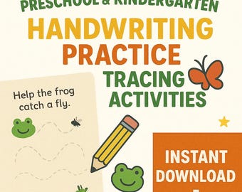 Puede incluir: Descarga digital para la práctica de la escritura a mano en preescolar y jardín de infancia. La imagen presenta una hoja de trabajo con una rana y una mosca, un lápiz amarillo y las palabras "Handwriting Practice Tracing Activities". Incluye un botón de "Descarga instantánea".