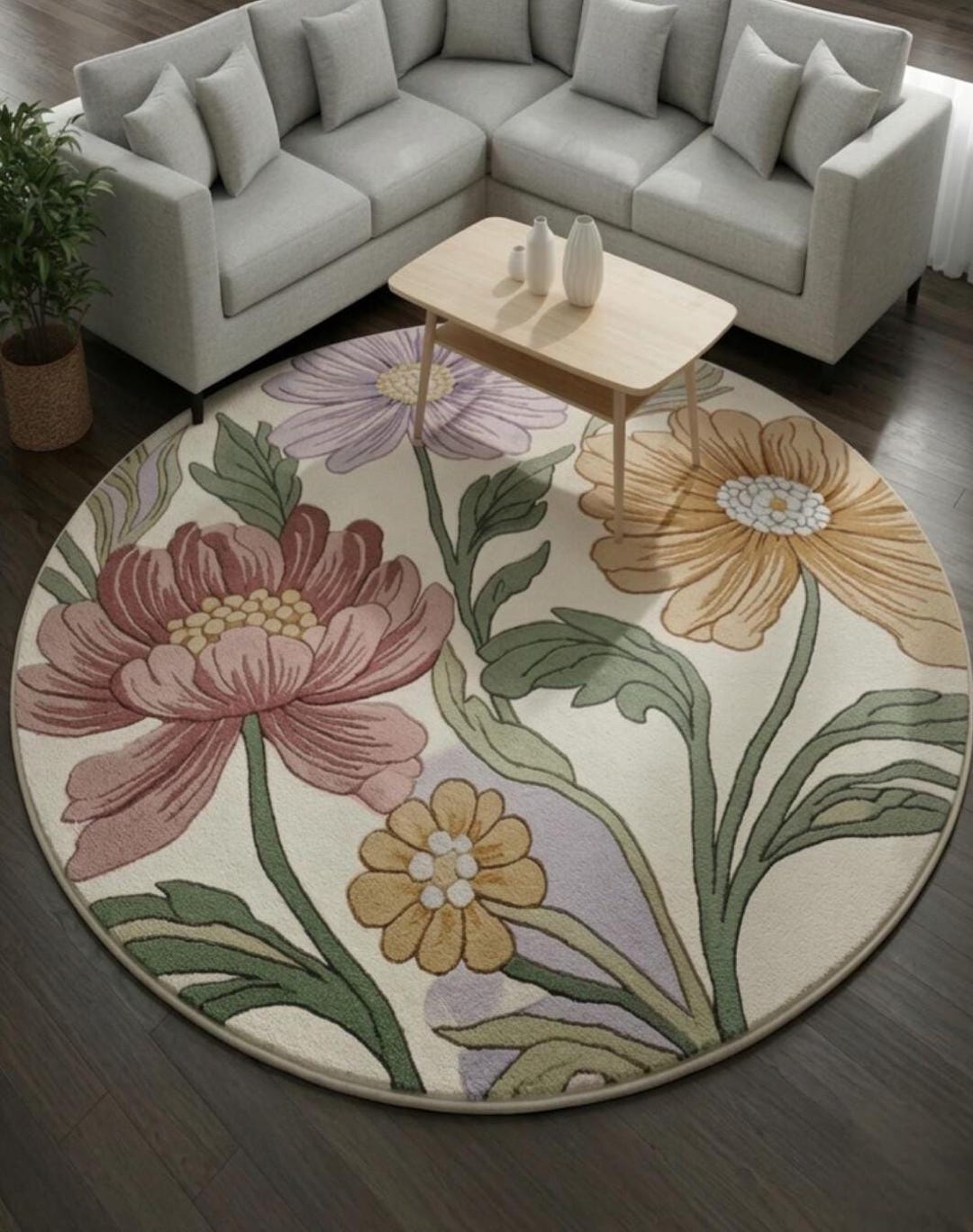 Hand-tufted Wool Round Rug – Modern Floral Botanical Design - Etsy