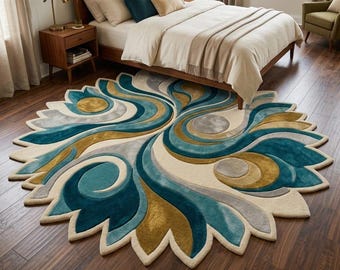 May include: A round area rug with a floral design in shades of teal, gold, gray, and cream. The rug is placed on a hardwood floor in a bedroom setting, with a bed and nightstand visible in the background. The rug's design features swirling patterns.