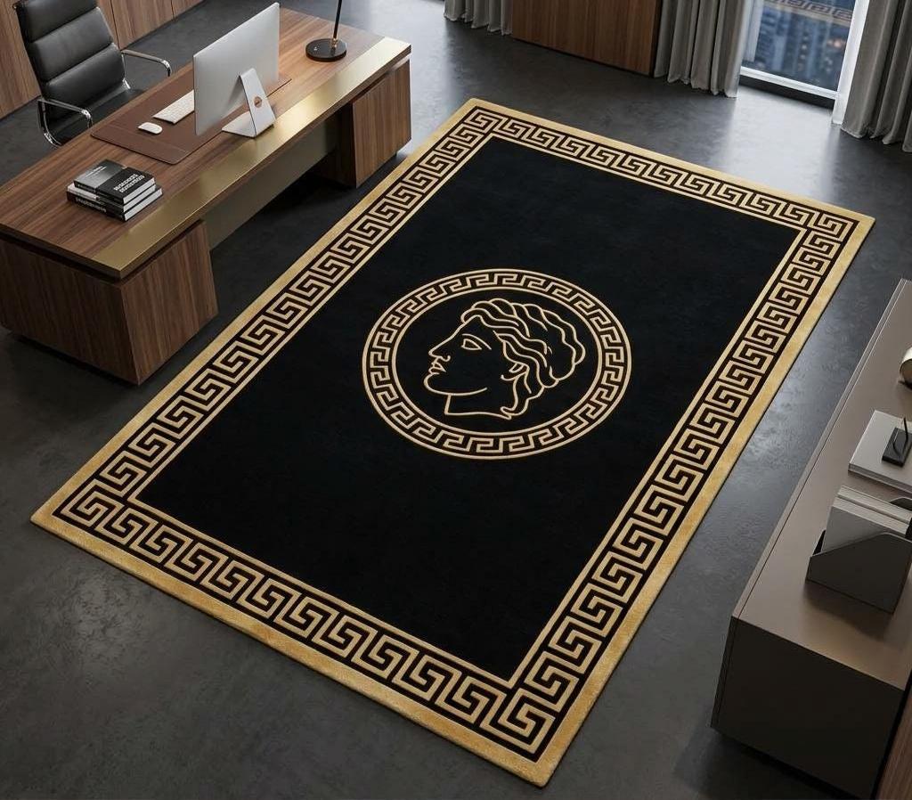 Black Gold Greek Key Medusa Rug, Hand Tufted Wool Office Carpet