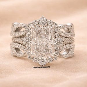 Conjunto de anillos con incrustaciones de moissanita talla radiante, anillo de novia tipo halo, conjunto de boda infinito