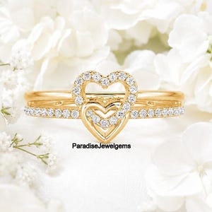 Conjunto de anillos de doble corazón de moissanita y diamantes, anillo de compromiso apilable de oro.