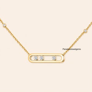 Movable Diamond Necklace, Three Stone Pendant Necklace, Dainty Gold Necklace, Minimalist Diamond Jewelry, Anniversary Gift for Her
