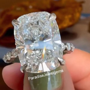 5 CT Elongated Cushion Cut Moissanite Diamond Ring, Claw Prong Set Ring, Half Eternity Hidden Halo Diamond Ring, 14K White Gold Wedding Ring