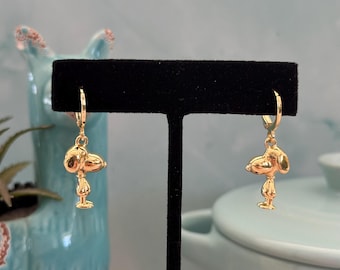 Gold Hoop Earrings with Snoopy Charms-Free Shipping