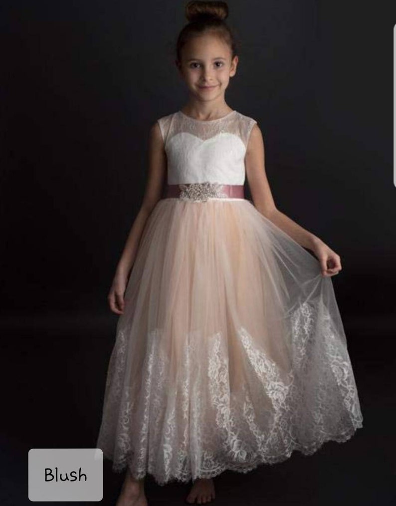 floor length flower girl dress flower girl dress lace ball gown Blush flower girl dress champagne flower girl dress
