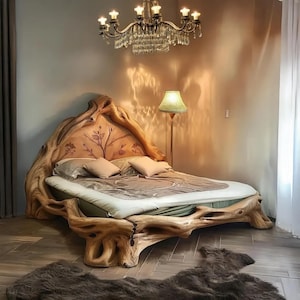 Modern Wooden Bed, with Headboard Wooden, King Size Bed, Rustic Solid Wood Platform Wooden Bed, with Legs Bedroom.