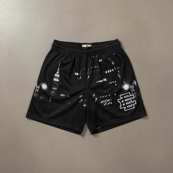 EE Style Night City Mesh Shorts, Black Skyline Basketball Shorts, Streetwear Mesh Shorts, Unisex Athletic Summer Shorts