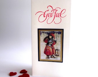 God Jul Scandinavian Girl Holding Cat Gnome Greeting Card
