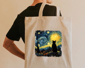 Starry Night Cat Canvas Tote Bag: Van Gogh Art Reusable Shopping Bag