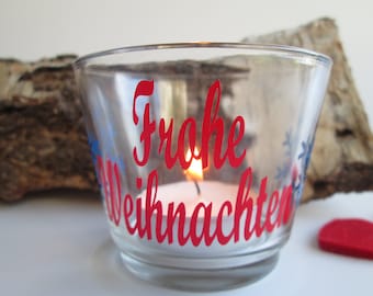 German Frohe Weihnachten Small Glass Happy Christmas Candle Holder