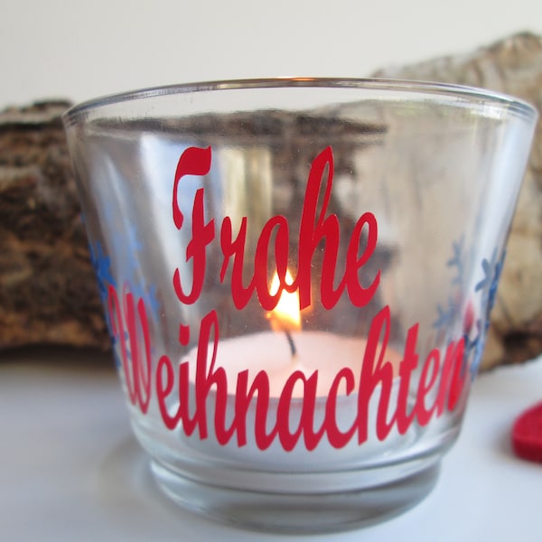 German Frohe Weihnachten Small Glass Happy Christmas Candle Holder