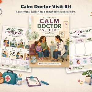 Könnte beinhalten: Ein Calm Doctor Visit Kit mit einer zentralen Anleitung, die Illustrationen von Kind, Elternteil und Arzt zeigt. Das Set enthält einen Arztbesuchsplan, ein First-Then-Next-Board, einen Teddybären, eine Arzttasche und ein Thermometer.