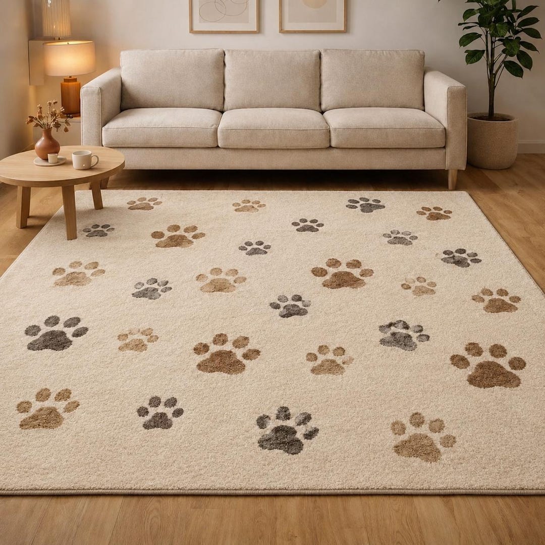Cozy Paw Print Area Rug – Soft Neutral Pet Inspired Carpet for Living ...