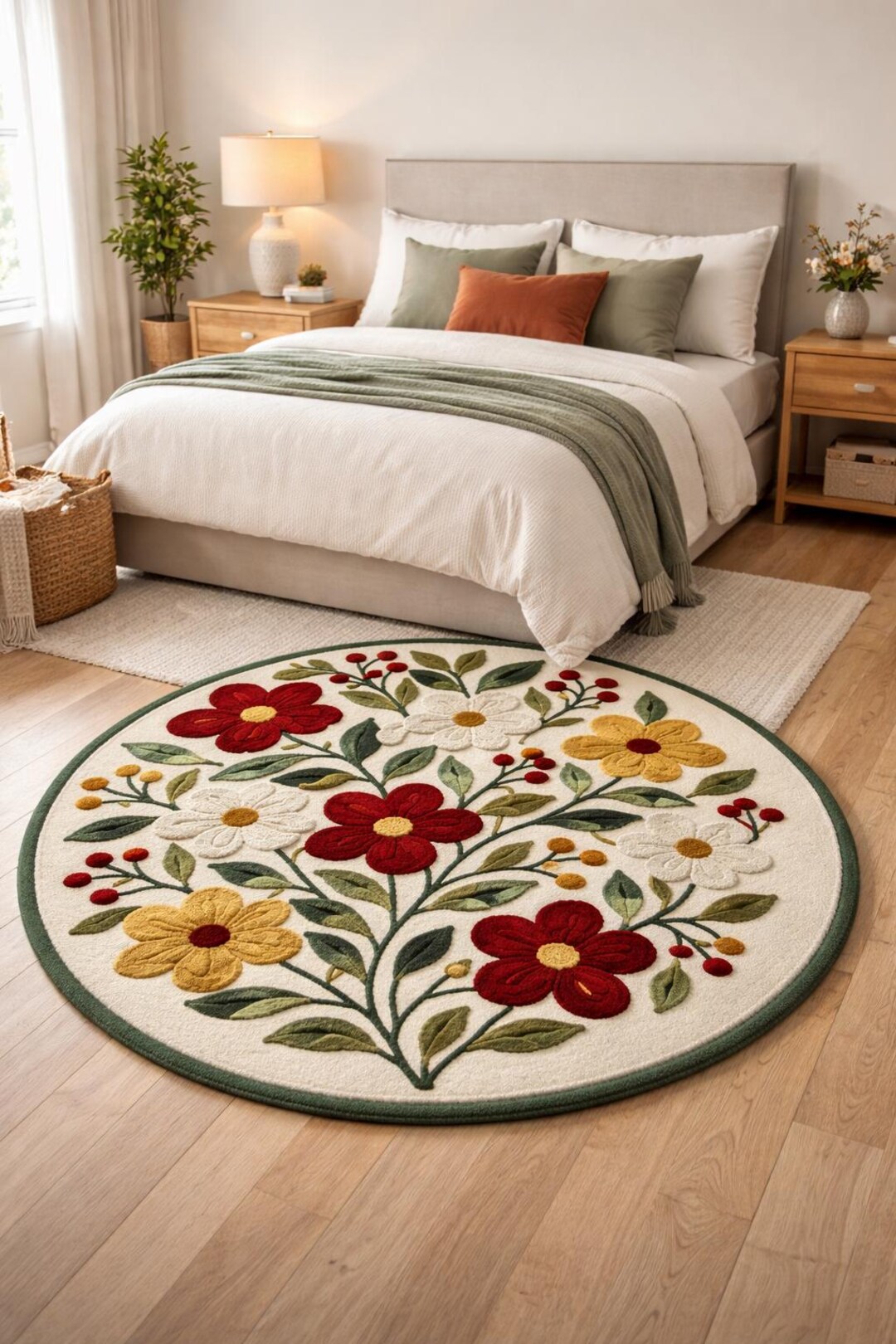 Handmade Floral Round Rug, Botanical Carpet, Red Yellow Cream Flowers ...