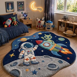 May include: A navy blue, space-themed rug with an astronaut, an alien, and a rocket ship. The rug has a moon surface design with stars and planets. The rug is a fun addition to a child's bedroom.