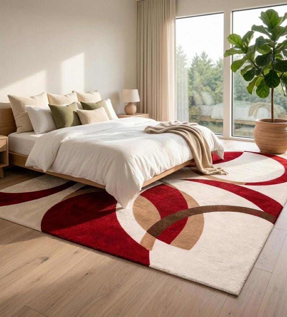 Modern Abstract Red Beige Cream Area Rug, Geometric Circle Plush Carpet ...