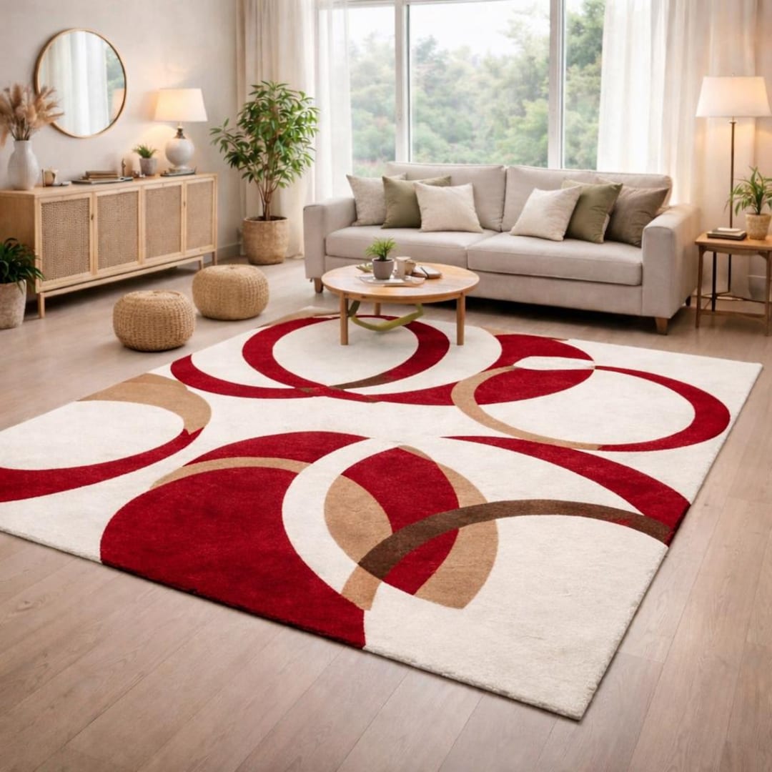 Modern Abstract Red Beige Cream Area Rug, Geometric Circle Plush Carpet ...