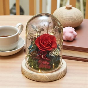 Peut inclure: Composition florale avec une rose rouge préservée sous un dôme en verre, sur une base en bois. L'arrangement comprend des fleurs séchées et de la verdure, avec des guirlandes lumineuses. Une tasse de café et un objet décoratif sont en arrière-plan.