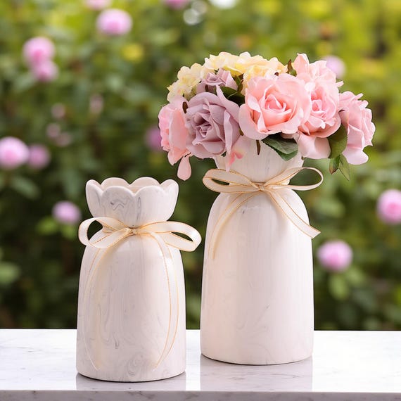Ceramic Flower Vase: Coquette Ribbon Bow, Modern Minimalist Decor