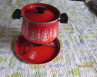 vintage red enamel fondue pot with tray complete