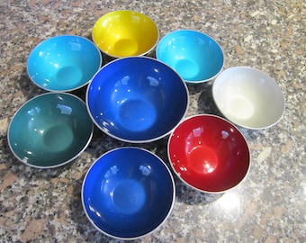 set of 7 emalox enamel bowls 6 4" and 1 5"  great condition from norway