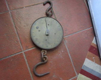 Geo. Salter & Co 1917 heavy brass hanging scale 200 lbs made in england very very heavy 2 large iron hooks 23" long