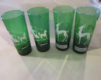 set four tall glasses 2 w/gazelles 2 w/horse buggy deep green highball glasses