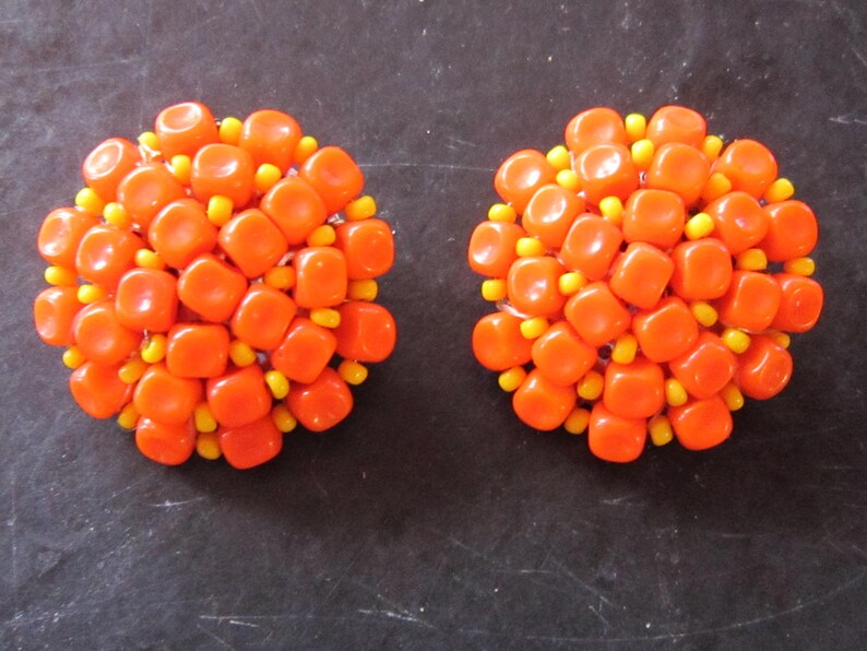 german glass beaded clip earrings vintage earrings orange and yellow