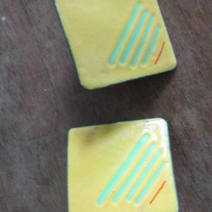 enamel on copper clip earrings 1 1/4&quot; square maine artist signed yellow w green stripes