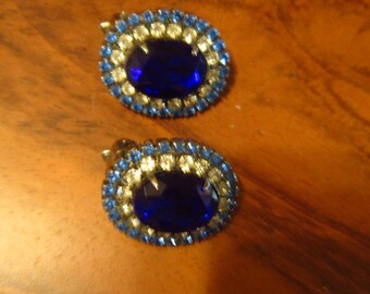 vintage clip earrings cobalt rhinestones with pale blue and clear stones 1" by 1/2"