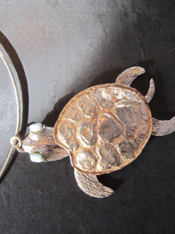 large turtle necklace blue stone eyes 3 3/4" long… - image 2