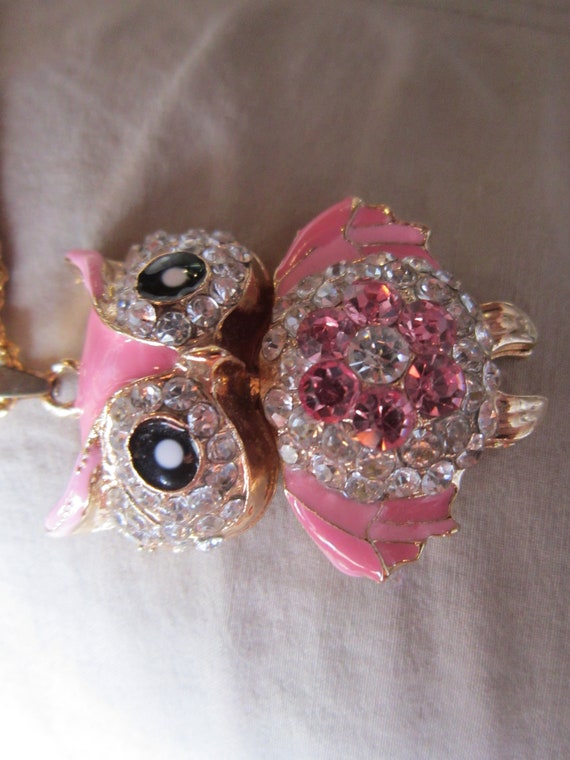 large vintage monet rhinestone owl necklace pink a