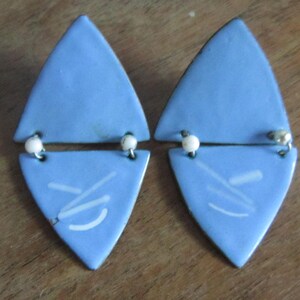 large hinged enamel on copper pierced earrings pale blue and white 2 1/2&quot; signed by maine artist