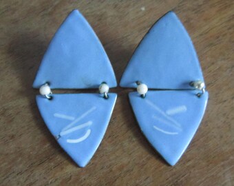 large hinged enamel on copper pierced earrings pale blue and white 2 1/2" signed by maine artist