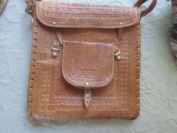 tooled leather messenger bag,,unusual, 11" by 12"t