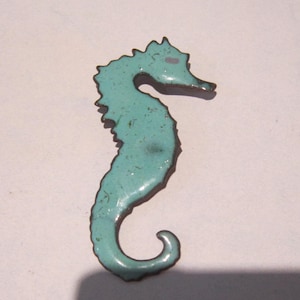 vintage enamel on copper seahorse brooch pin turquoise enamel  2 3/4&quot; long